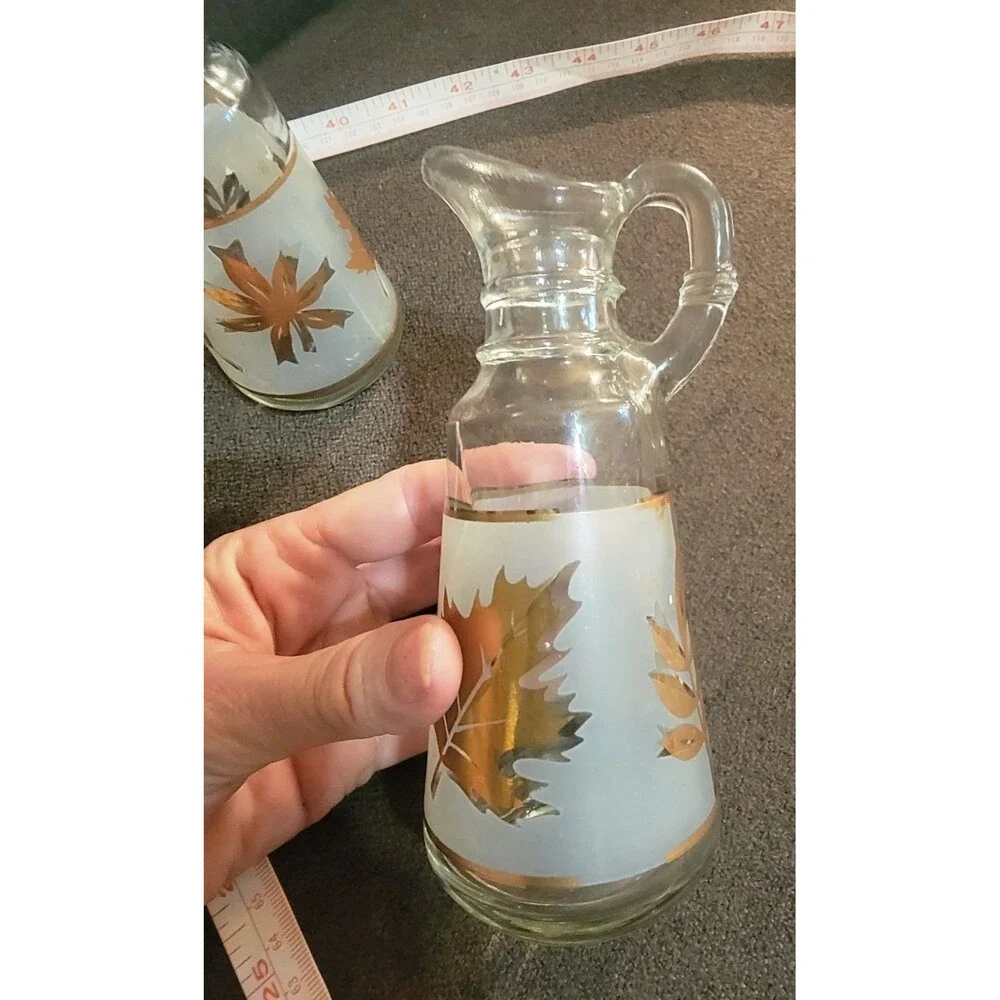 VTG Mid-Centry Frosted Cruet Oil Vinegar Set Gold Leaves Anchor Hocking Starlyte